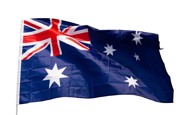 Флаг Австралии Развевается Ветру Изолированный Белом Фоне — стоковое фото