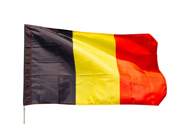 Gran Bandera Bélgica Fijada Palo Metal Ondeando Sobre Fondo Del —  Fotos de Stock
