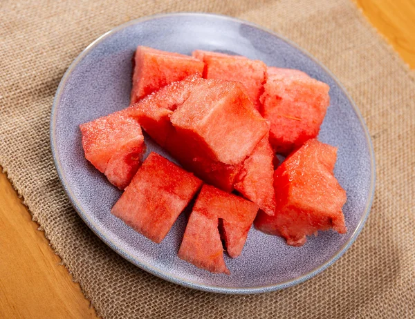 Ripe Watermelon Pieces Dished Plate Laid Table Restaurant — Stock Photo, Image