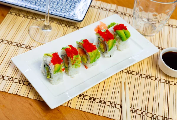 Tasty Uramaki Sushi Salmon Mango Avocado Cucumber Served Plate — Stock Photo, Image