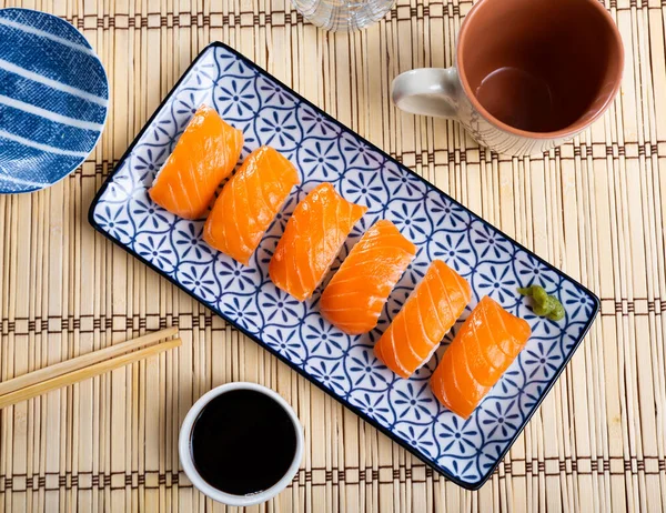 Oval Shaped Japanese Nigiri Sushi Fresh Row Salmon Top — Stock Photo, Image