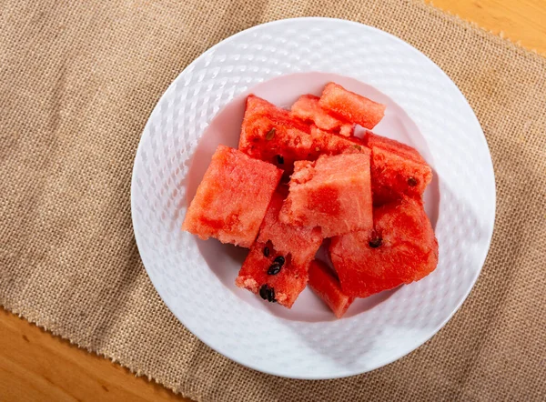 Service Plate Containing Fresh Watermelon Pieces Other Table Appointments — Stock Photo, Image