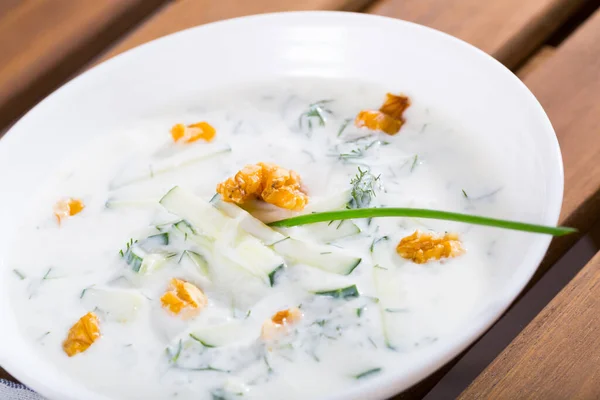 Traditional Bulgarian Cold Vegetable Soup Tarator Cucumber Walnuts Garlic Yogurt — Stock Photo, Image