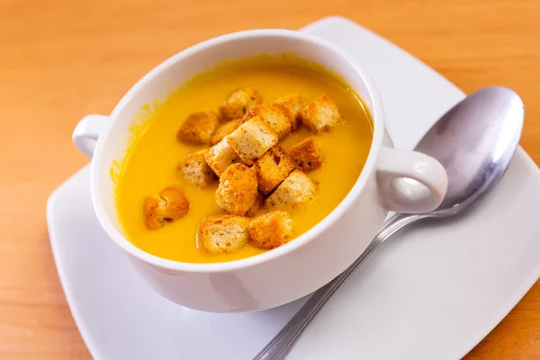 Light Healthy Carrot Cream Soup Croutons Served Plate Vegetarian Concept — Stock Photo, Image