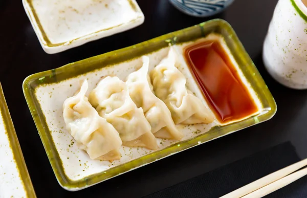 Japanese Style Boiled Gyoza Dumplings Stuffed Minced Pork Served Soy — Stock Photo, Image