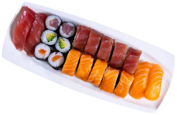 Set Sushi Rotolo Uramaki Nigiri Sono Serviti Piatto Rettangolare Stretto — Foto Stock