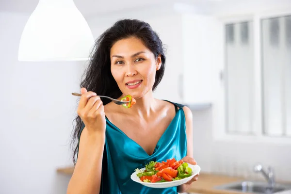 Portrait Positive Asian Woman Nightie Eating Salad Home Woman Having — Stock Photo, Image