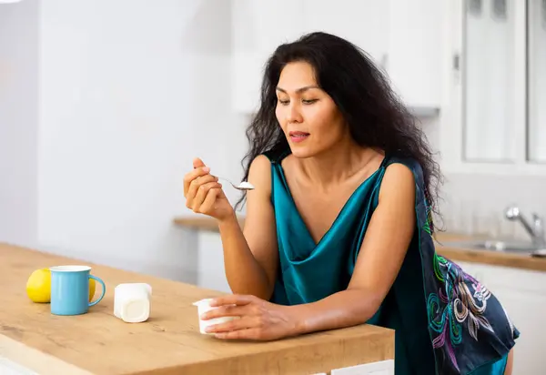 Portrait Asian Woman Nightie Eating Yoghurt Kitchen Home Woman Leaning — Stock Photo, Image