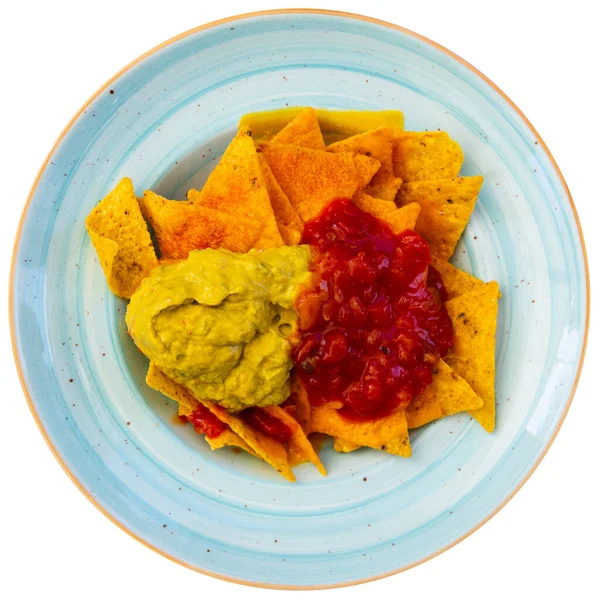 Traditional Snack Mexican Cuisine Nachos Guacamole Sauce Isolated White Background — Stock Photo, Image