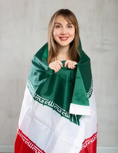 Pretty Young Girl Holding Iran Flag Her Hands — Stock Photo, Image