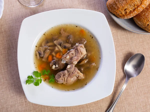 Delicious Thick Rustic Style Pearl Barley Mushroom Soup Pork Meat — Stock Photo, Image