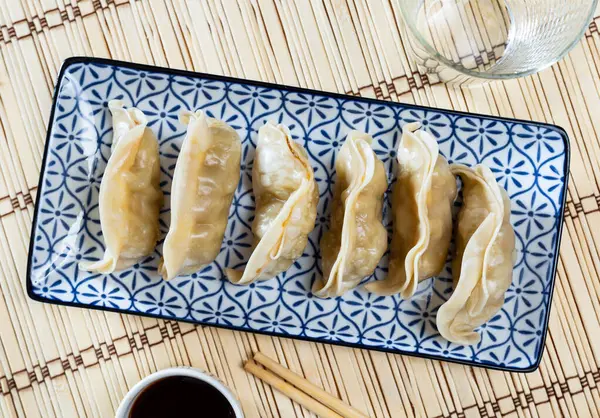 Steamed Dumplings Gyoza Meat Filling Pork Cabbage Traditional Japanese Appetizer — Stock Photo, Image
