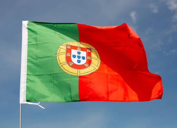 Portuguese Nationale Green Red Flag Waved Blue Sky Background — Stock Photo, Image