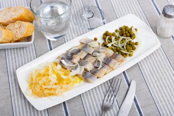 Light Salted Herring Marinated Cabbage Green Peas Served Plate Other — Stock Photo, Image
