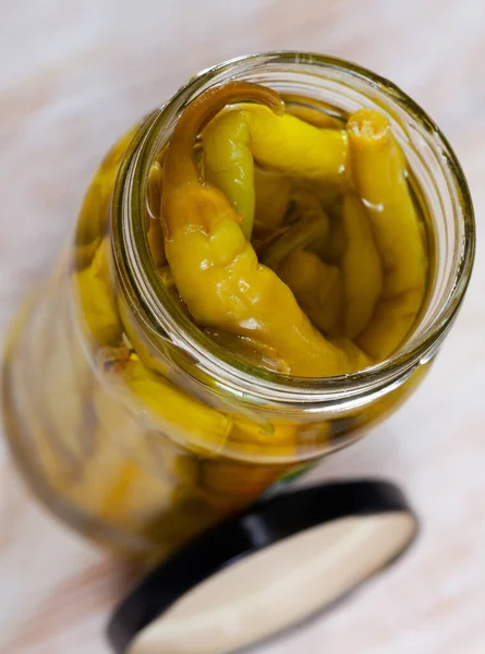 Glass Jar Homemade Marinated Green Chili Peppers Wooden Background — Stock Photo, Image