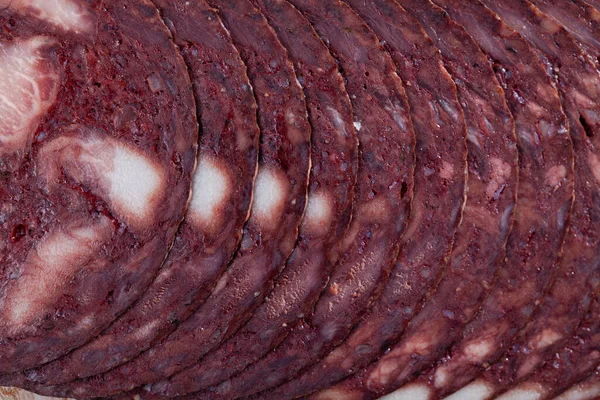 Closeup Thin Slices Traditional Catalan Black Botifarra Pieces Pork Lard — Stock Photo, Image