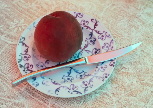Fresh Summer Fruit Red Top Peach Served Plate Knife — Stock Photo, Image