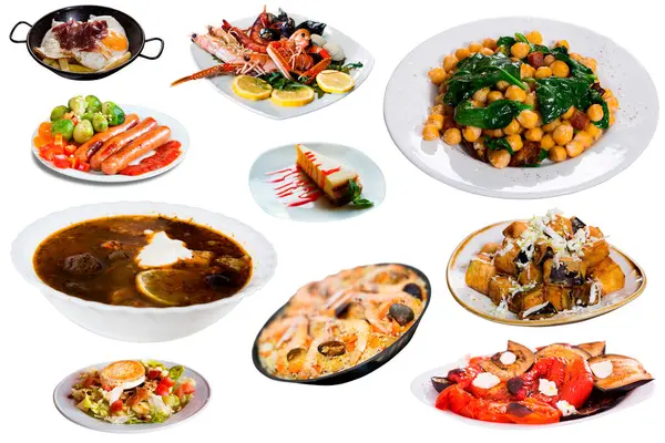 Κάτοψη Πολλών Πιάτων Διαφορετικά Τρόφιμα Πάνω Από Λευκό Φόντο — Φωτογραφία Αρχείου