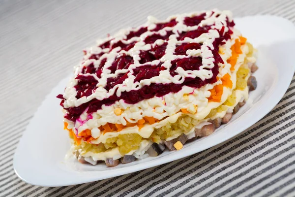 Favourite Russian Dressed Herring Salad Also Known Shuba White Dish — Stock Photo, Image
