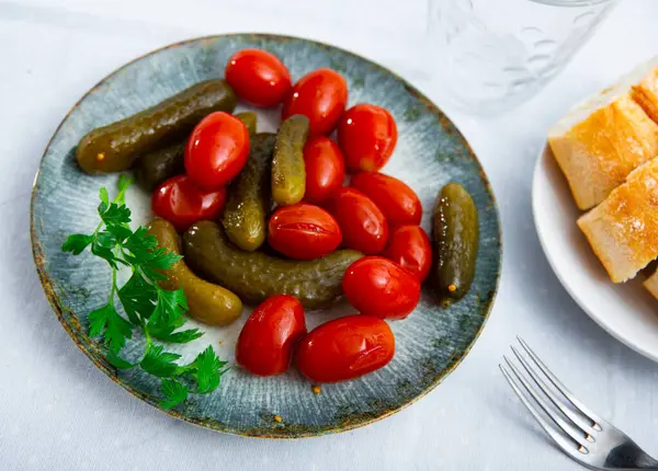 Marinated Cucumbers Tomatoes Served Table Appetizer Pickled Vegetables Plate — Stock Photo, Image