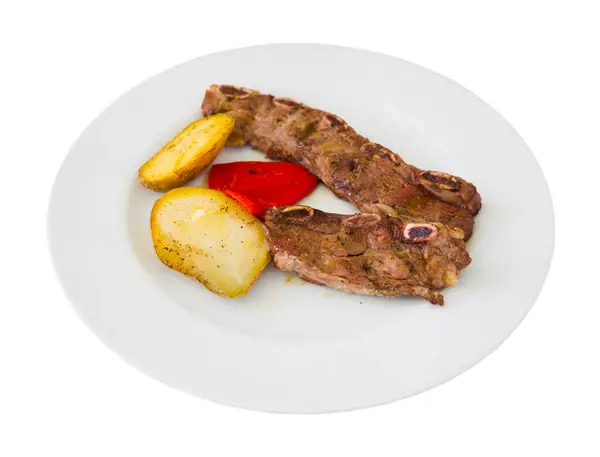 Leckeres Rindersteak Mit Bratkartoffeln Auf Teller Serviert Spanisches Gericht Churrasco — Stockfoto
