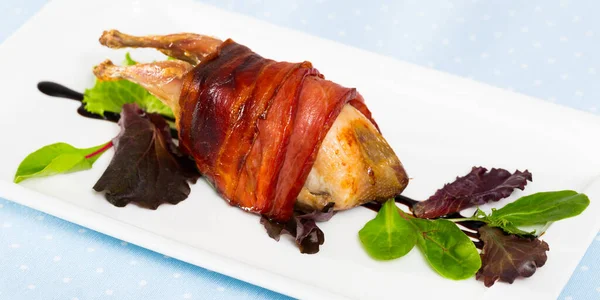 Exquisitely Served Plate Quail Baked Bacon Seasoned Balsamic Sauce — Stock Photo, Image