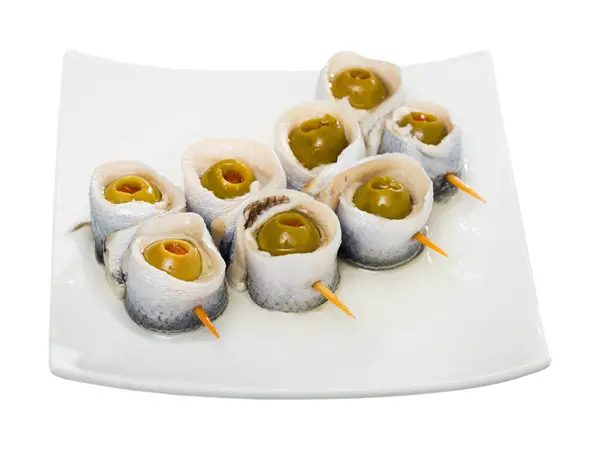 Delicious Herring Rolls Olives Isolated White Background — Stock Photo, Image
