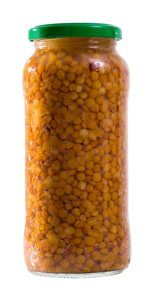 Glass Jar Cooked Lentils Organic Products Healthy Eating Isolated White — Stock Photo, Image