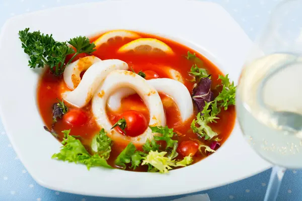 Spicy Tomato Soup Squids Greens White Bowl Top View — Stock Photo, Image