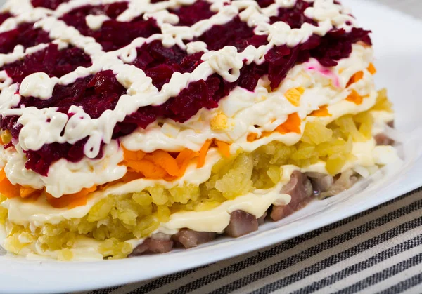 Salad Layered Diced Pickled Herring Grated Boiled Vegetables — Stock Photo, Image