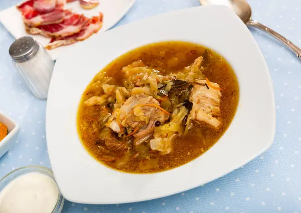 Thick Russian Style Cabbage Soup Shchi Pork Cooked Mushroom Broth — Stock Photo, Image