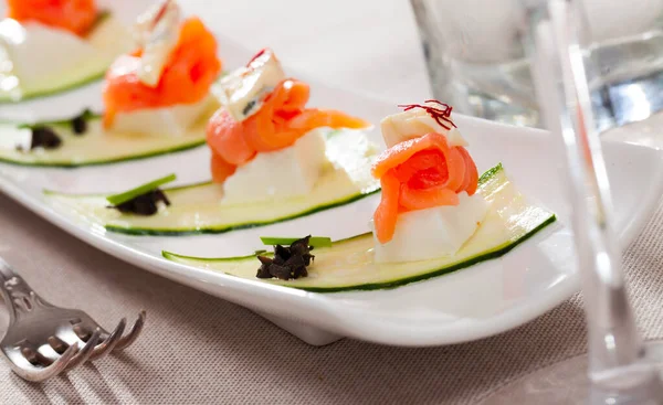 Gourmet Appetizers Smoked Salmon Cheese Cucumber — Stock Photo, Image