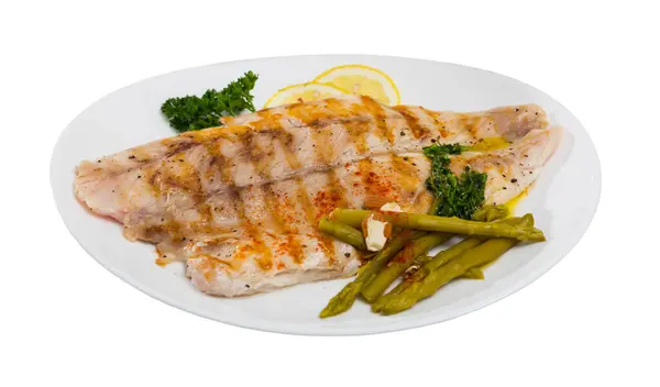 Roasted Perch Fish Fillet Served Pickled Asparagus Parsley Isolated White — Stock Photo, Image