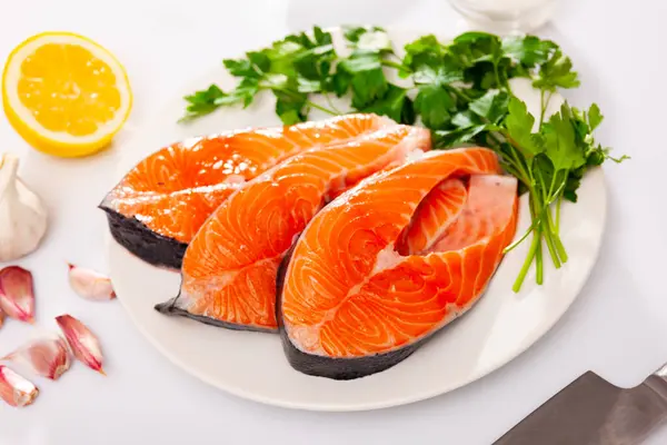 Closeup Fresh Organic Cutting Salmon Seafood Herbs Lemon Table — Stock Photo, Image