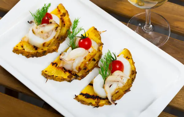 Dish Mediterranean Cuisine Cuttlefish Grilled Pineapple Cherry Tomatoes Sweet Sour — Stock Photo, Image