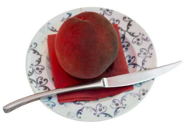 Fresh Summer Fruit Red Top Peach Served Plate Knife Isolated — Stock Photo, Image