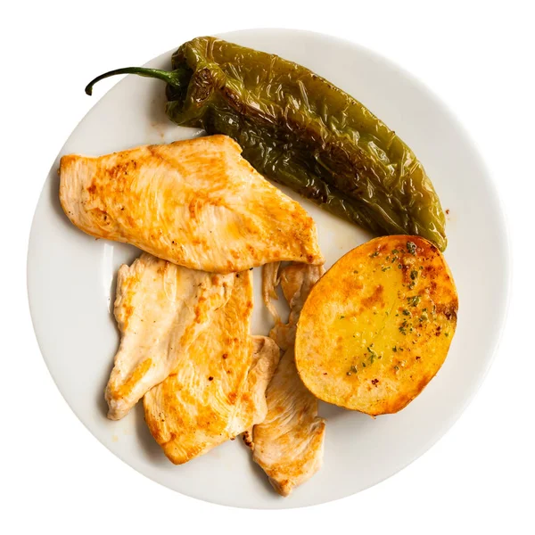Thin Sliced Grilled Chicken Breast Potato Green Pepper Isolated White — Stock Photo, Image