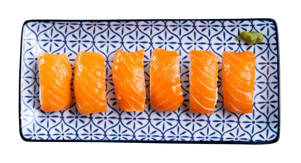 Nigiri Sushi Oval Shaped Balls Row Salmon Topping Isolated White — Stock Photo, Image