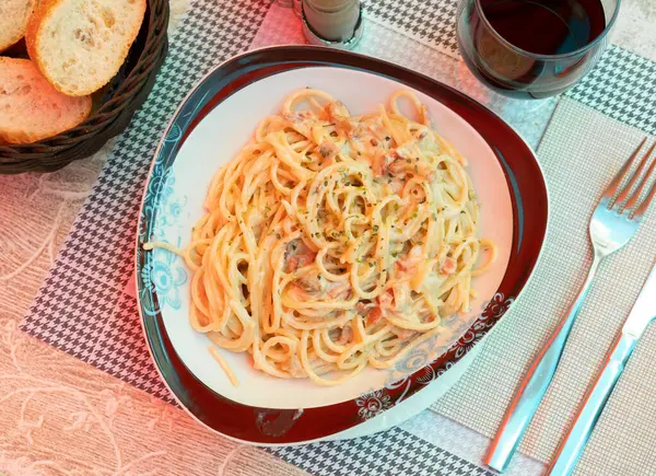 Spaghettis Sauce Italienne Authentique Base Jaunes Fromage Bacon — Photo