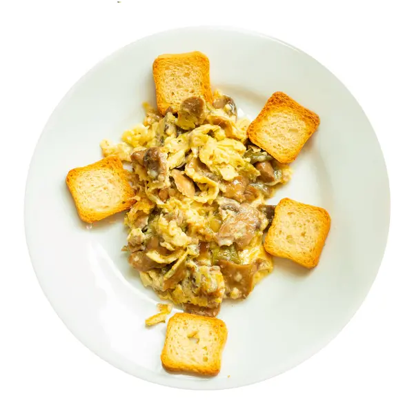 Gefrituurde Eieren Met Champignons Lenteknoflook Geserveerd Met Krokante Croutons Catalaanse — Stockfoto