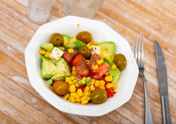 Fresh Salad Olives Tomatoes Corn Cheese Plate —  Fotos de Stock