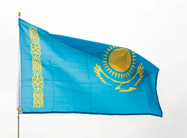 Flag Kazakhstan Flying Proudly Wind Sky Background — Stock Photo, Image