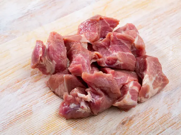 Close Raw Pork Slices Wooden Surface Nobody — Stock Photo, Image