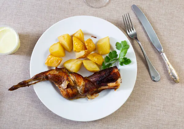 Grilled Rabbit Leg Quarters Served Plate Boiled Potatoes — Stock Photo, Image