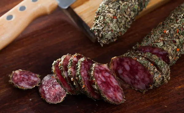 Fuet Traditional Spanish Dry Cured Sausage Fine Herbs Wooden Table — Stock Photo, Image