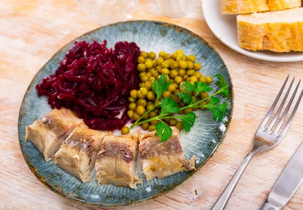 Cold Smoked Mackerel Grated Beetroot Green Peas Served Plate Other — Stock Photo, Image