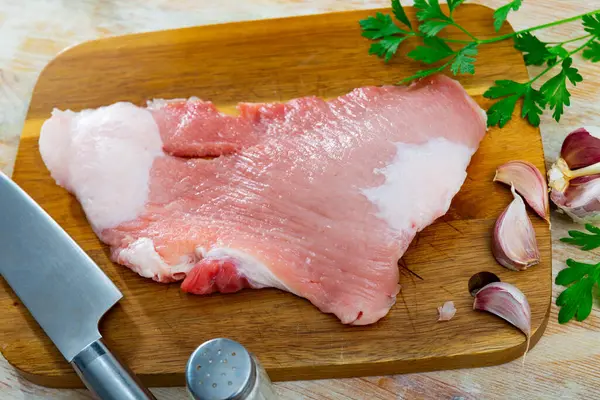 Fresh Meat Raw Pork Secreto Steak Spices Prepared Cooking Wooden — Stockfoto