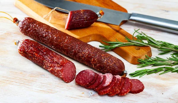 Russian Smoked Sausage Wooden Background — Stock Photo, Image