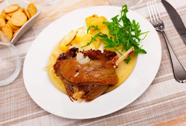 Just Cooked Portion Duck Confit Fried Poatoes Served Table Serving Royalty Free Stock Photos