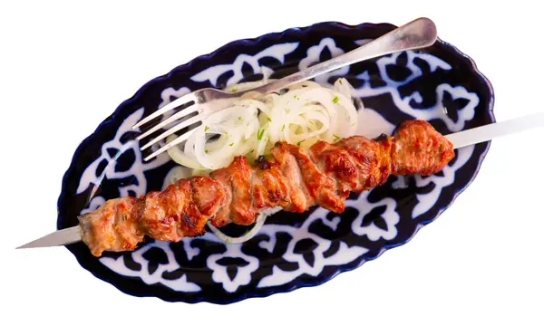 Oval Plate Skewer Fried Lamb Kebab Supplemented Rings Pickled Onions — Stock Photo, Image
